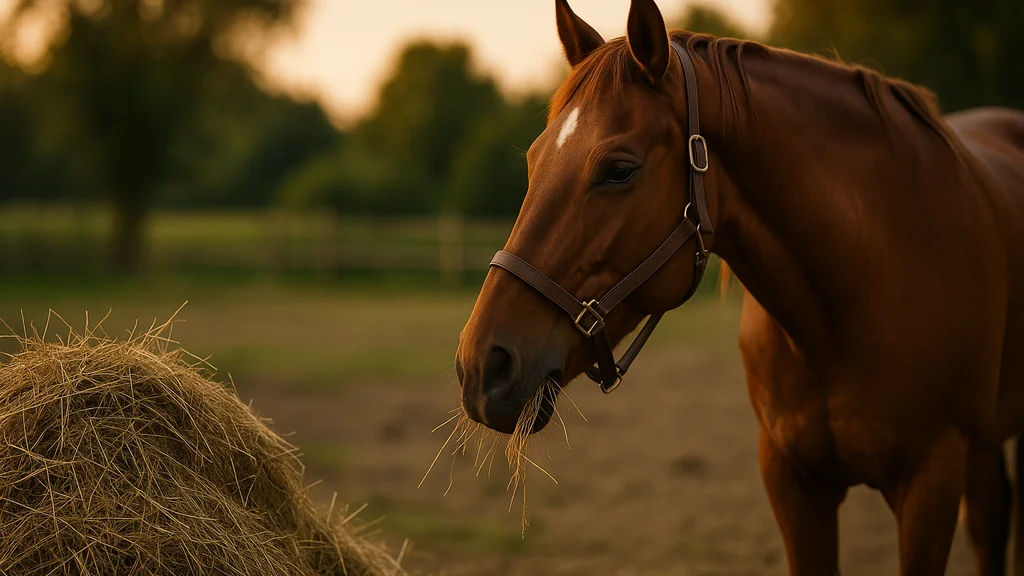Cheval mangeant du foin au paddock au coucher du soleil, illustration de l’article Alimentation du cheval : rations simples par saison