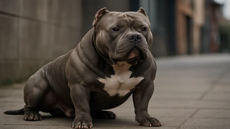 American Bully XL massif et musclé assis en extérieur sur un sol urbain, illustrant le gabarit imposant et la puissance de cette variante de l’American Bully