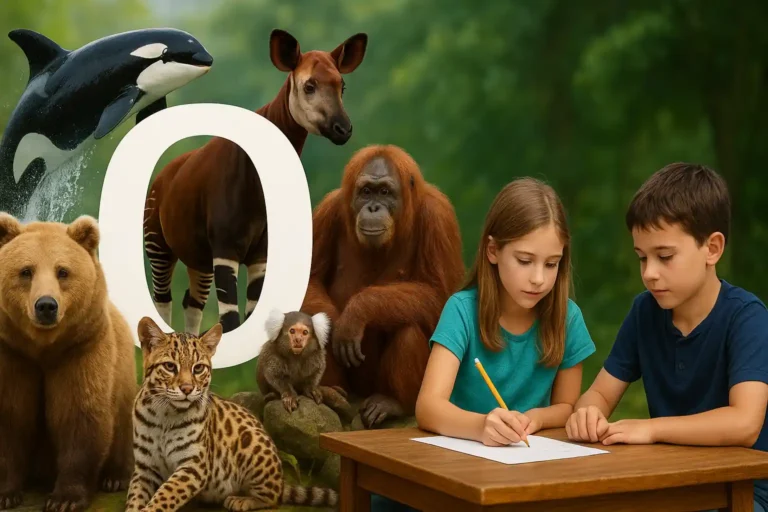 Plusieurs animaux commençant par la lettre O, dont un ours, une otarie, un okapi, un orang-outan et un ocelot, dans un décor naturel pour illustrer la liste des animaux en O.