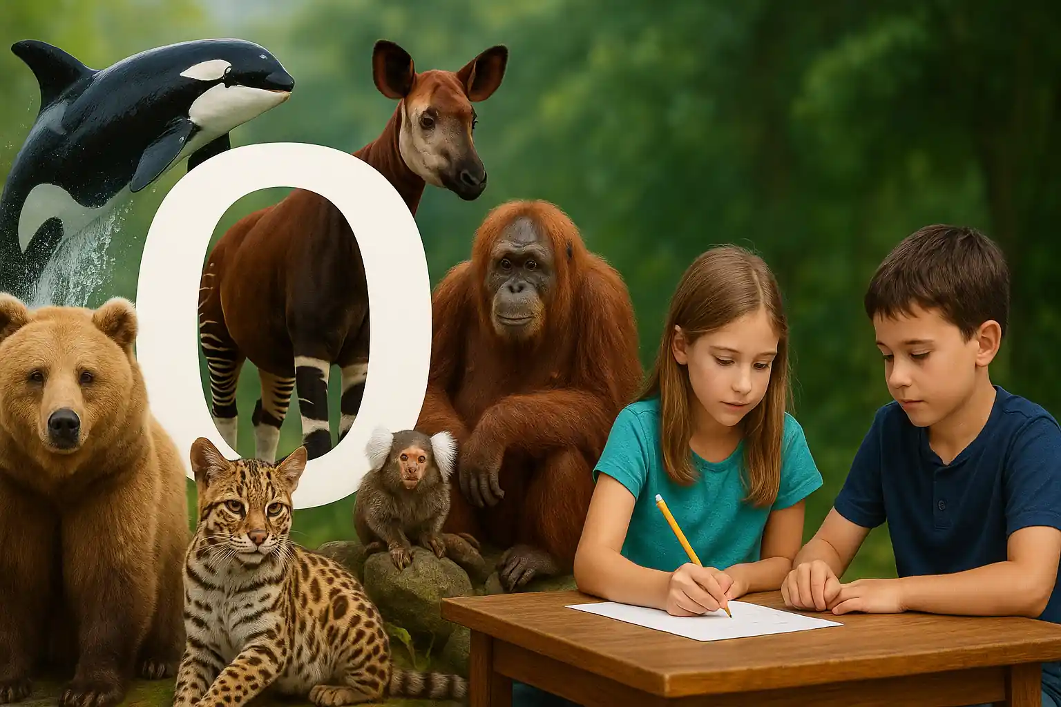 Plusieurs animaux commençant par la lettre O, dont un ours, une otarie, un okapi, un orang-outan et un ocelot, dans un décor naturel pour illustrer la liste des animaux en O.