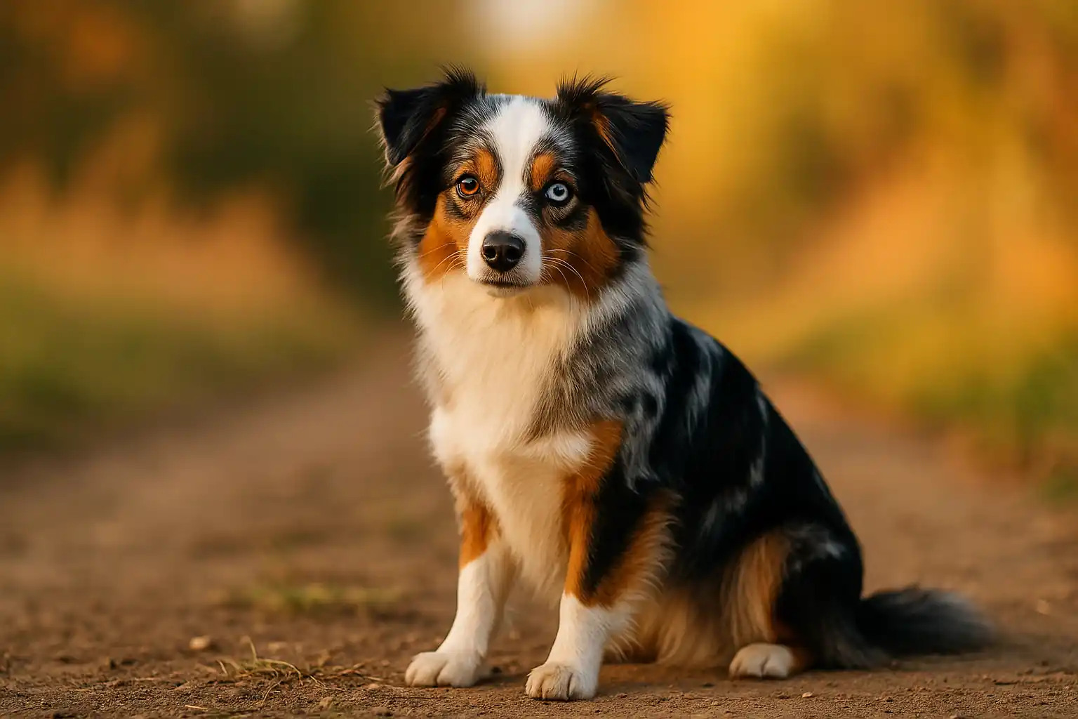 Berger Australien nain tricolore assis sur un chemin au coucher du soleil, regard expressif et allure attentive, illustrant le Berger Américain Miniature.
