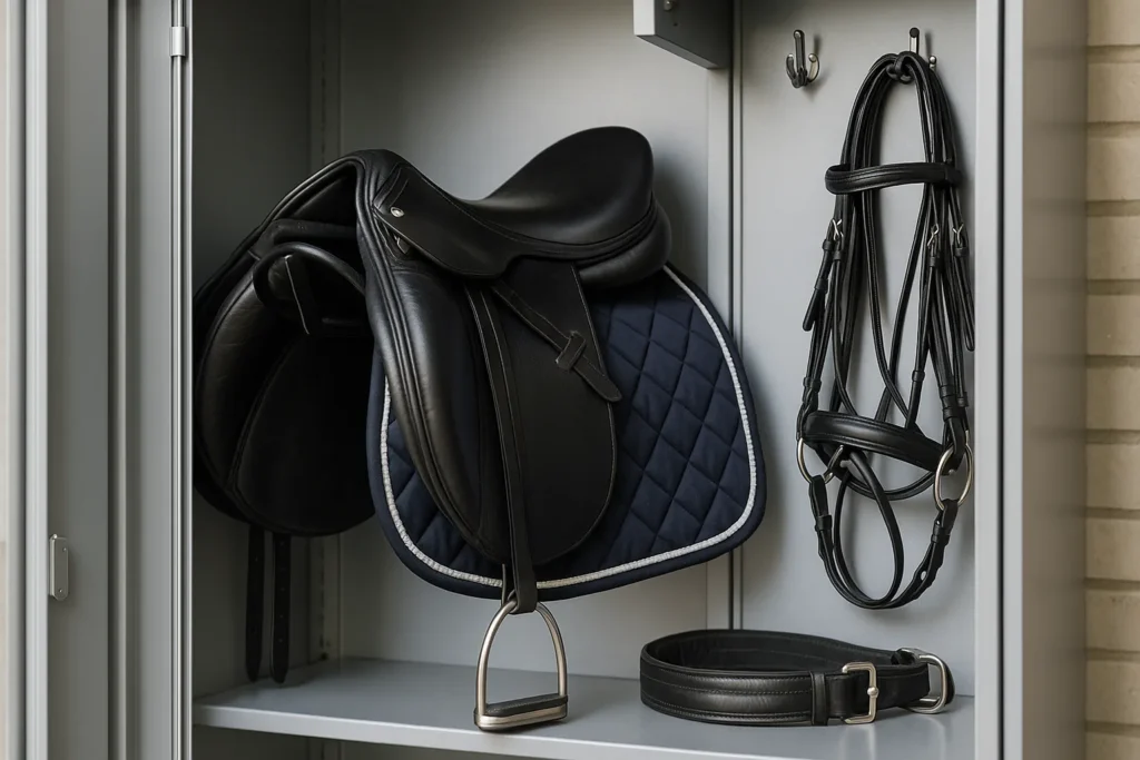 Intérieur de casier d’équitation avec selles, bridons et protections soigneusement rangés sur porte-selles, crochets et étagères