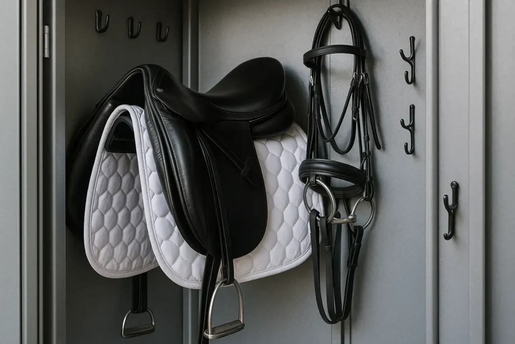 Sellerie d’équitation bien organisée montrant plusieurs casiers métalliques avec matériel rangé de manière ordonnée.