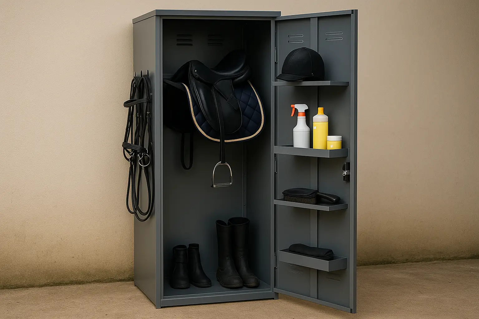 Casier d’équitation en métal gris avec porte-selle et crochets de rangement dans une sellerie propre et organisée