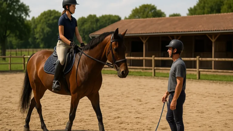 Cours d équitation dans un centre équestre avec monitrice et cavalière à cheval dans une carrière en sable devant les écuries