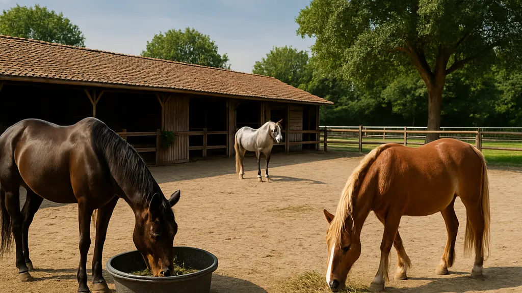 Chevaux au paddock devant les écuries d un centre équestre broutant tranquillement dans un environnement verdoyant.