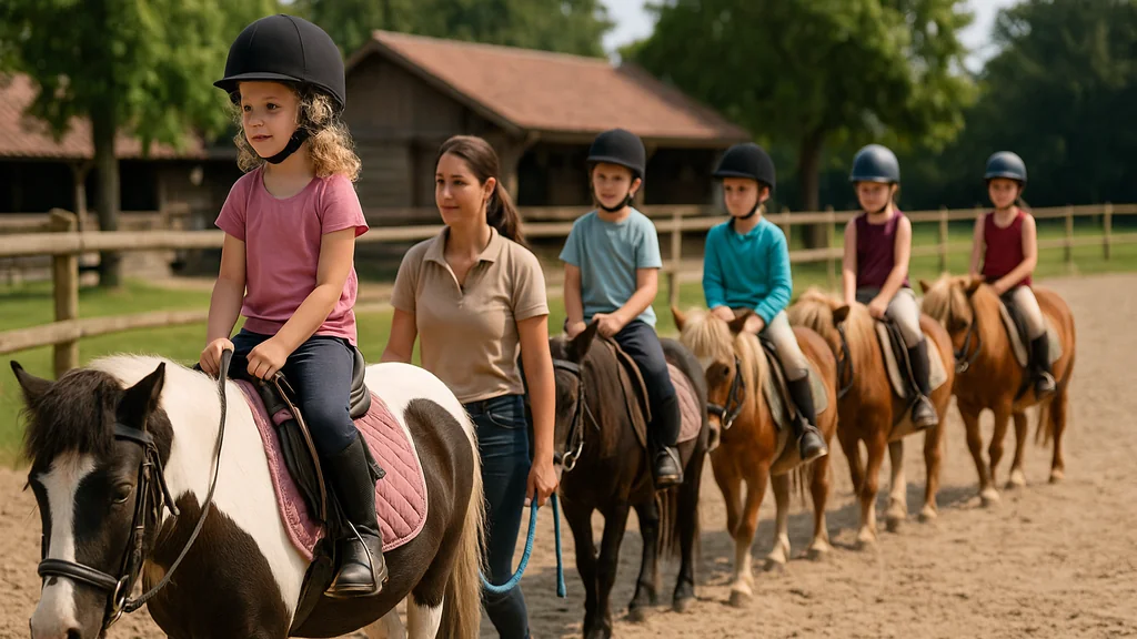 Cours de poney-club pour enfants dans un centre équestre avec monitrice encadrant une file de jeunes cavaliers à poney.