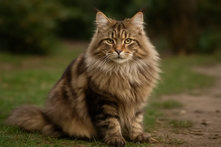 Photo réaliste d’un Maine Coon assis en extérieur, au pelage long et imposant, avec un regard expressif et un fond naturel flou mettant en valeur ses caractéristiques de grand chat de race.