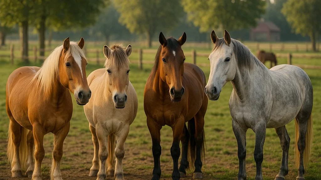 Quatre chevaux calmes de races différentes dans un paddock au coucher du soleil, illustration de l’article « Cheval pour débutant : 12 races calmes et fiables