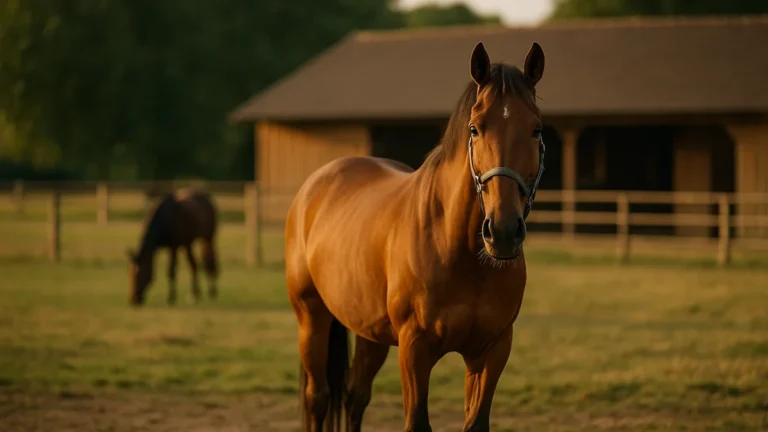 Cheval au pré près d’une écurie, image réaliste pour l’article « Combien coûte un cheval en 2025 » (pension, ferrure, véto, assurance).