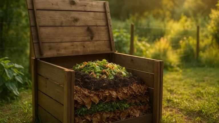 Composteur de jardin ouvert montrant les couches brunes et vertes, illustration de l’article « Compost maison : la méthode simple