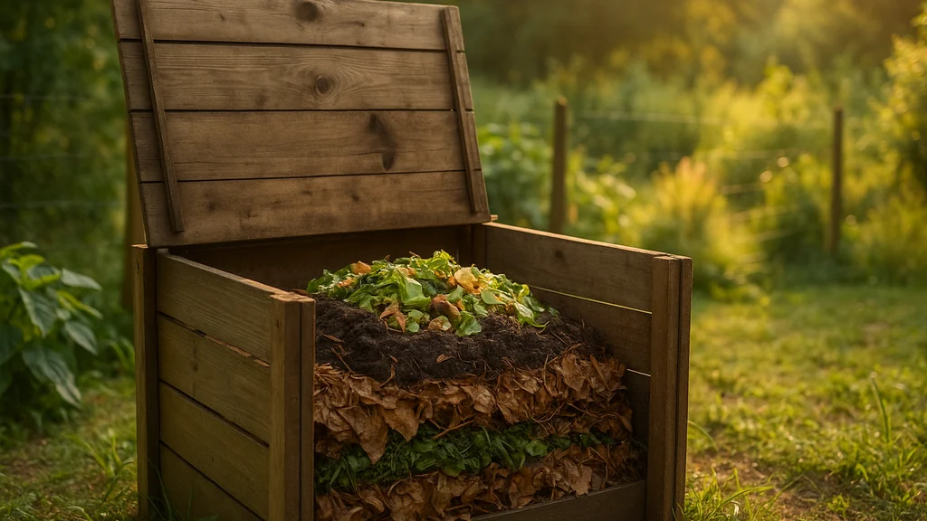 Composteur de jardin ouvert montrant les couches brunes et vertes, illustration de l’article « Compost maison : la méthode simple