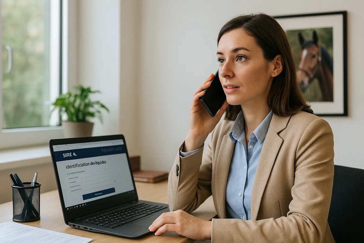 Femme au bureau utilisant un téléphone et un ordinateur pour contacter le service IFCE