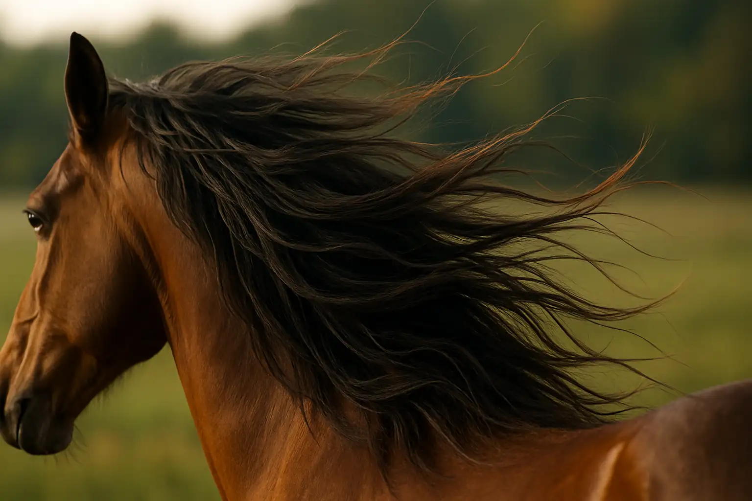 Gros plan réaliste sur la crinière d’un cheval au vent, mettant en valeur la texture naturelle du crin et les détails des fibres sous une lumière douce.