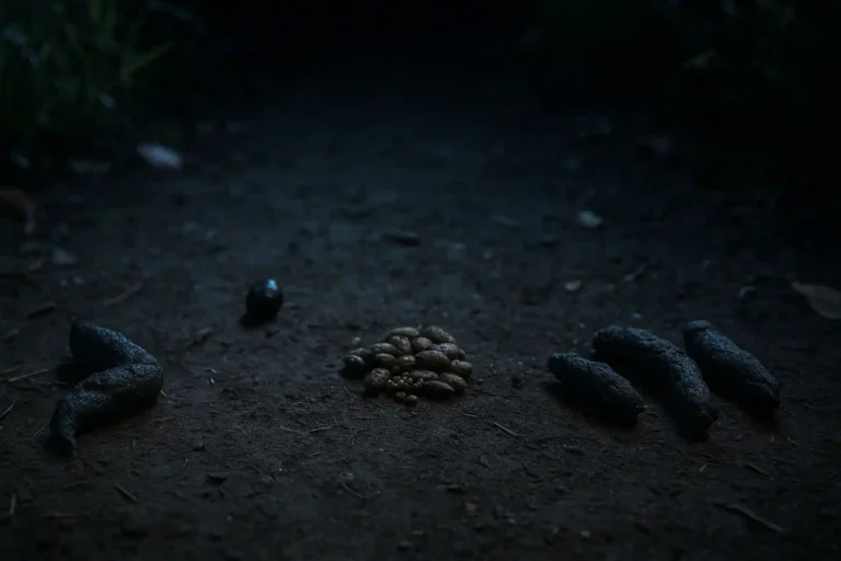 Crottes d’animaux nocturnes de formes différentes sur un chemin de terre sombre, éclairées par une lumière bleutée, illustrant l’identification des déjections au jardin.