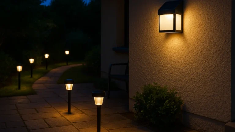 Applique solaire sur façade et balises solaires le long d’une allée au crépuscule, illustration de l’article « Éclairage extérieur solaire : le guide simple »