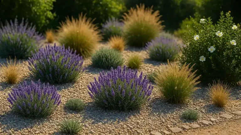 Massif de jardin sec avec lavandes, stipas et cistes sur paillage minéral en plein soleil, illustration de l’article « Jardin sec : 25 plantes résistantes à la sécheresse ».