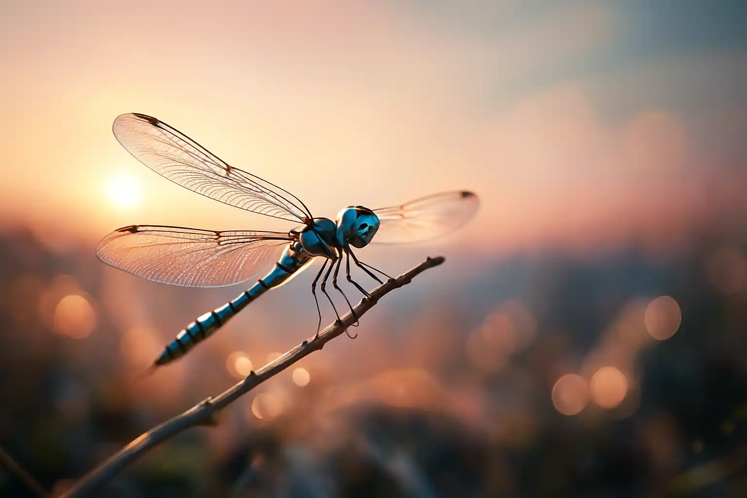 Libellule posée sur une brindille au coucher du soleil, ailes translucides illuminées et ambiance spirituelle évoquant transformation et légèreté
