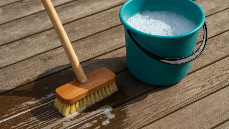 Balai-brosse et seau de savon noir sur lames de terrasse, démonstration de nettoyage sans Karcher.