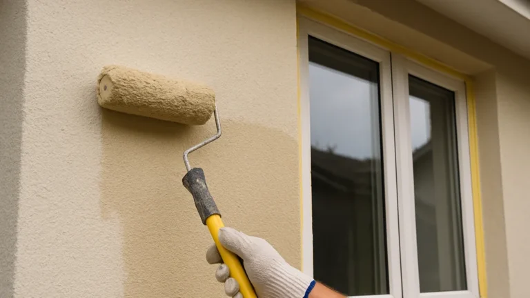 Application d’une peinture de façade au rouleau sur enduit clair, fenêtre protégée par ruban de masquage — article « Peindre une façade : préparation, sous-couche et application ».