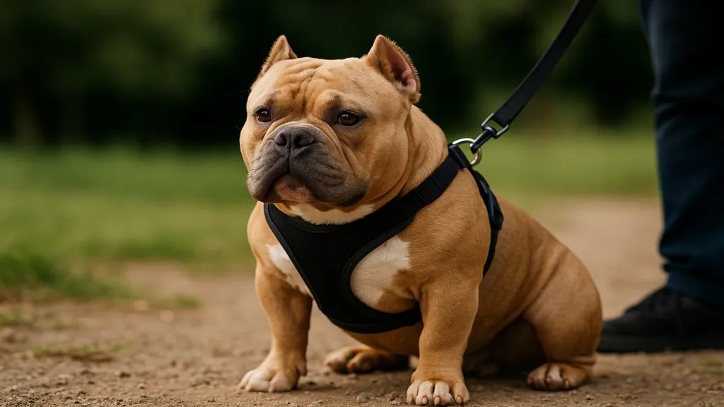 Perro Bully Pocket compact et musclé en laisse, assis sur un chemin, illustrant un American Bully Pocket puissant mais proche de son maître