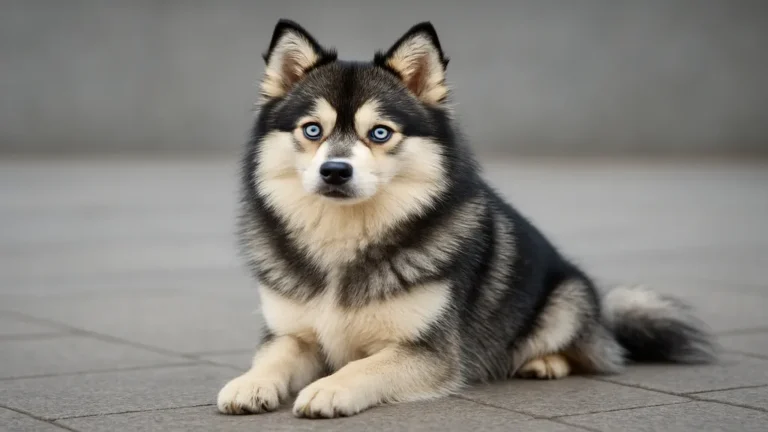 Pomsky aux yeux bleus assis sur un sol pavé, illustrant le prix et les caractéristiques de ce chien croisé entre Husky et Spitz nain