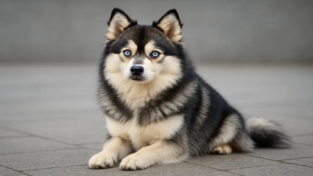 Pomsky aux yeux bleus assis sur un sol pavé, illustrant le prix et les caractéristiques de ce chien croisé entre Husky et Spitz nain