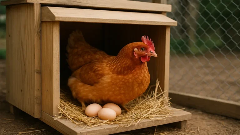 Poule rousse dans un pondoir en bois avec paille et œufs, illustrant l’utilisation d’une pondeuse pour poules dans un poulailler