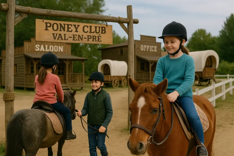 Enfants à cheval dans le manège du Poney Club de Val-en-Pré lors d’une séance d’équitation encadrée