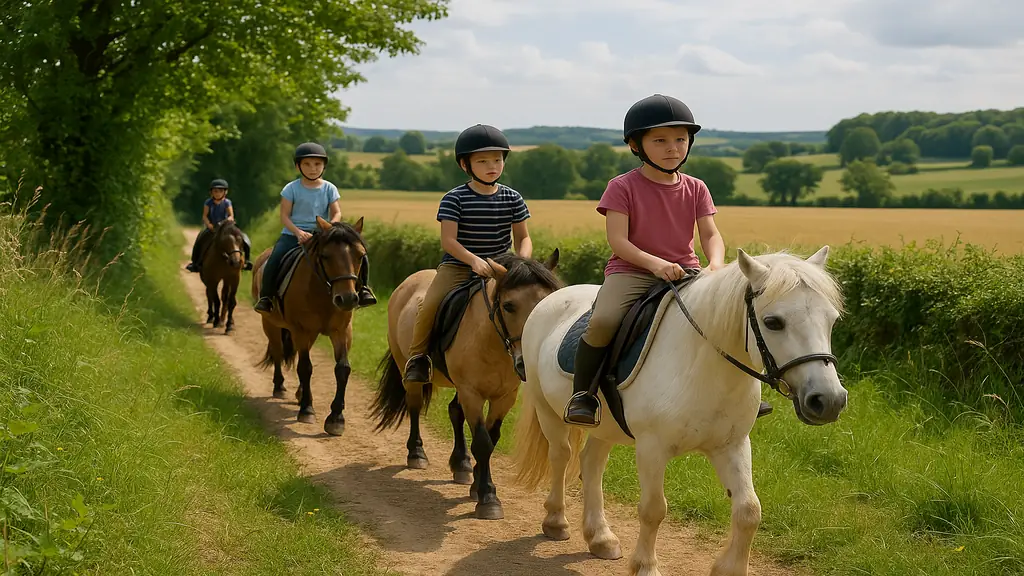 Enfants en balade à poney au Poney Club de Val-en-Pré, séance d’équitation en plein air dans une ambiance Far West