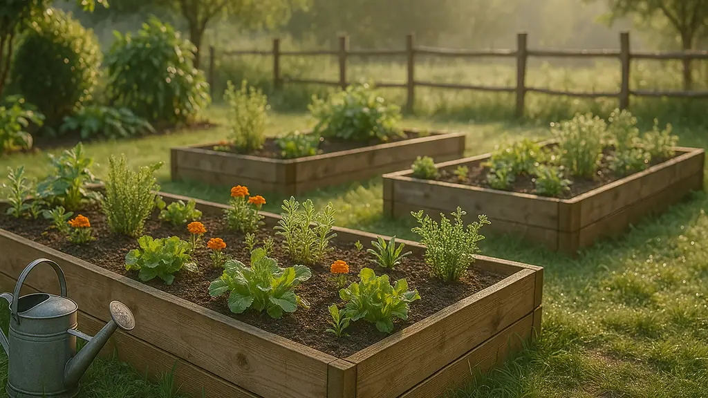 Potager en carrés surélevés avec salades et aromatiques, arrosoir en métal au premier plan.