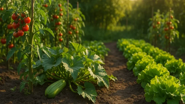 Petit potager ensoleillé avec tomates-cerises, courgettes et rangs de laitues, illustration pour « Potager débutant : 12 légumes faciles