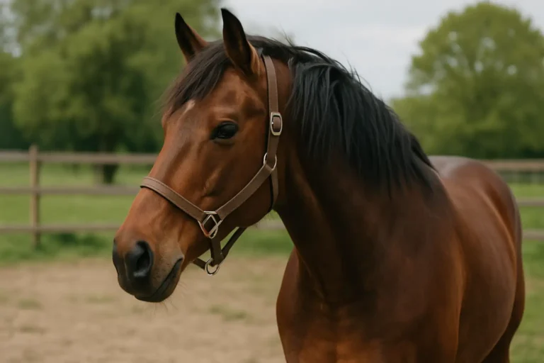 Portrait réaliste d’un cheval bai dans un paddock, avec un licol en cuir et un fond naturel flou, idéal pour illustrer un article sur les prénoms de chevaux.