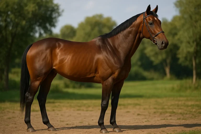 Cheval Pur-sang bai debout en extérieur, silhouette athlétique et musclée, dans un décor naturel flou qui met en valeur son élégance et son physique de cheval de course.