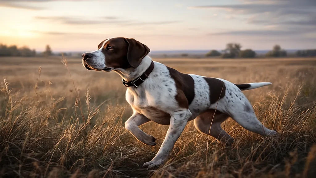 Chien de chasse type Pointer en action dans un champ doré, illustrant les différentes races de chiens utilisées pour la chasse en plaine