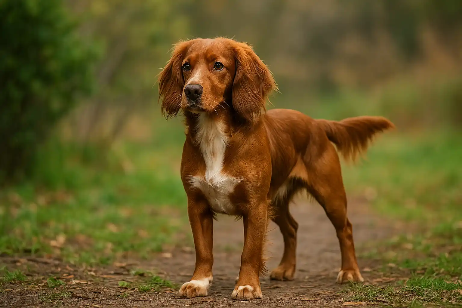 Working Cocker Spaniel roux debout dans un chemin forestier, regard attentif et allure athlétique, illustrant la lignée de travail du Cocker anglais.