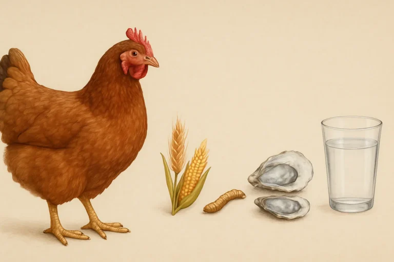 Poule pondeuse rousse debout près d’épis de céréales, d’un ver de farine, de coquilles d’huîtres et d’un verre d’eau sur fond beige