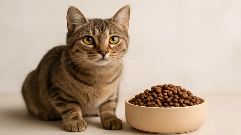 Chat tigré réaliste assis près d’un bol rempli de croquettes premium, éclairage doux et décor neutre