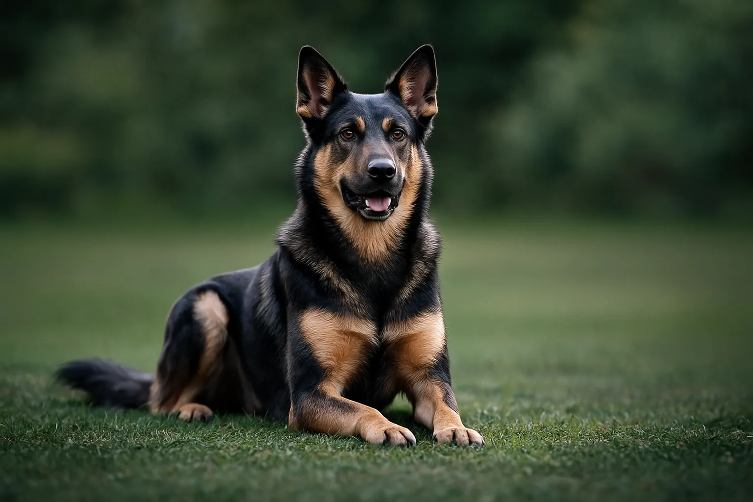 Beauceron croisé malinois au pelage noir et feu allongé dans l’herbe, chien athlétique et vigilant au regard expressif, photo en extérieur