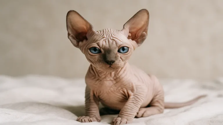 Bébé chat Sphynx sans poils assis dans un intérieur douillet, illustrant les besoins spécifiques de cette race en soins de peau et en chaleur