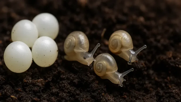 Gros plan sur quatre bébés escargots translucides qui sortent de leurs œufs blancs nacrés sur une terre sombre et humide
