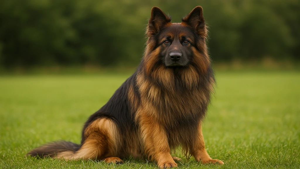 Berger allemand ancien type au poil long et au dos droit en extérieur, morphologie rustique et équilibrée