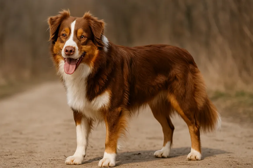 Berger australien rouge tricolore debout sur un chemin, au pelage marron roux avec poitrail blanc et marques feu, regard vif vers l’objectif