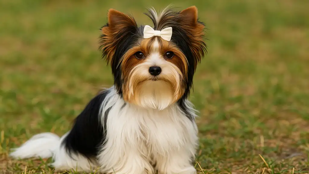 Biewer Yorkshire Terrier tricolore assis dans l’herbe, au pelage long et soyeux blanc, noir et doré, illustrant cette variété élégante du Yorkshire.