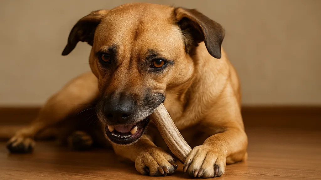 Chien adulte mâchant un bois de cerf naturel posé au sol dans un intérieur chaleureux.