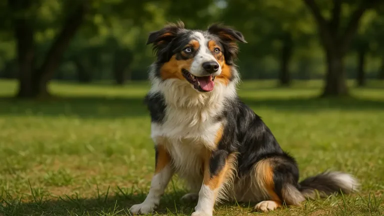 Border Collie croisé Berger Australien assis dans un parc en été, chien athlétique tricolore aux yeux expressifs