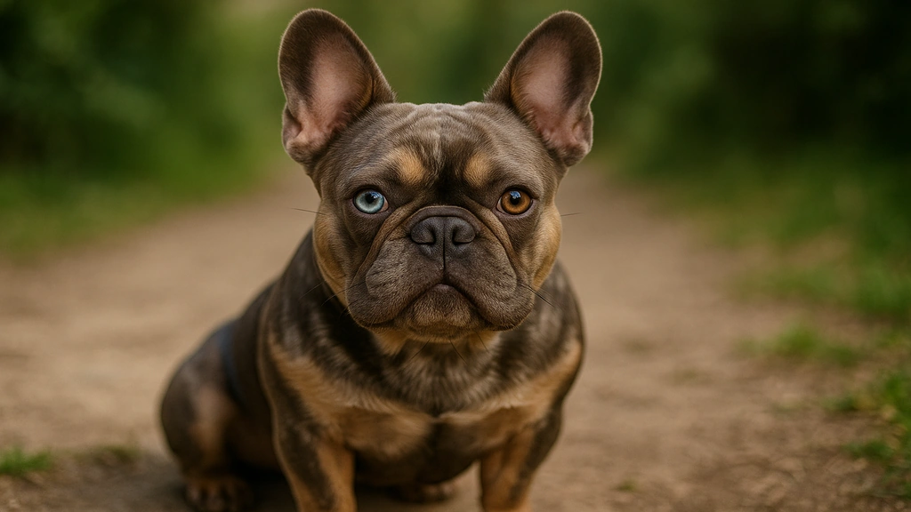 Bouledogue français exotique assis sur un chemin, avec robe rare chocolat et yeux hétérochromes, illustrant les couleurs exotiques du Frenchie.