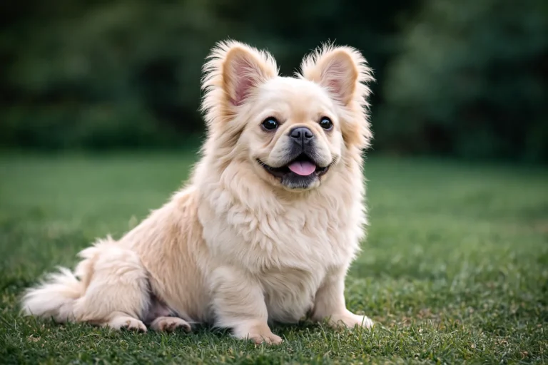 Bouledogue français fluffy crème assis sur l’herbe, poil long et museau typique du frenchie