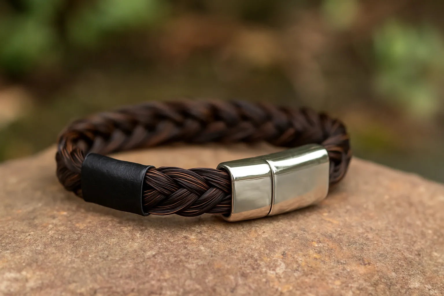 Bracelet en crin de cheval tressé avec fermoir métallique, posé sur une pierre dans un décor naturel flou