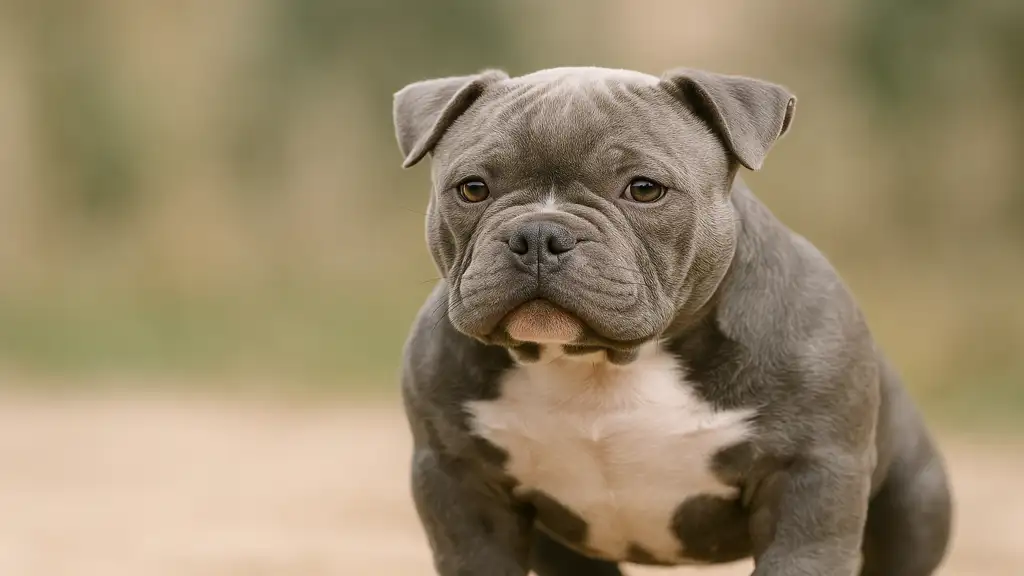 Bully Pocket musclé posé en extérieur, montrant sa morphologie compacte et sa tête large caractéristique de cette variété d’American Bully.